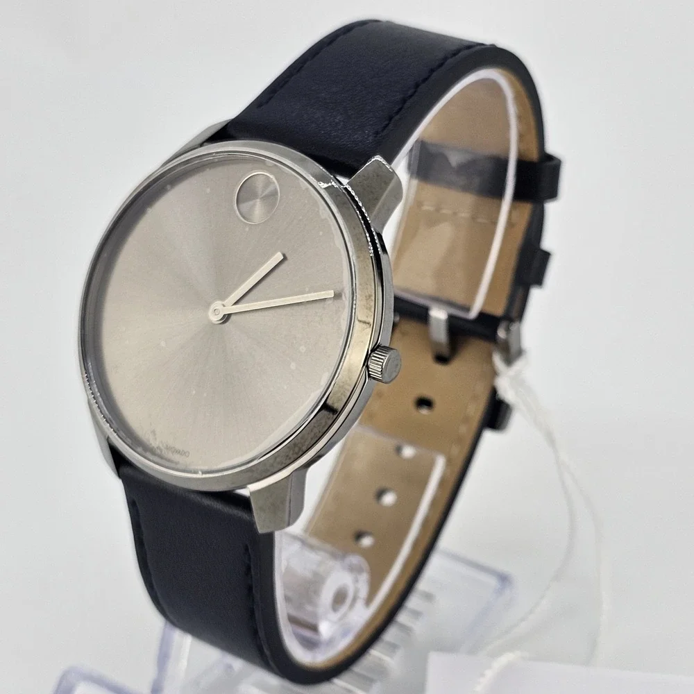 Movado Bold Men's Watch 42MM Gray Dial Dark Blue Leather Bands New Battery